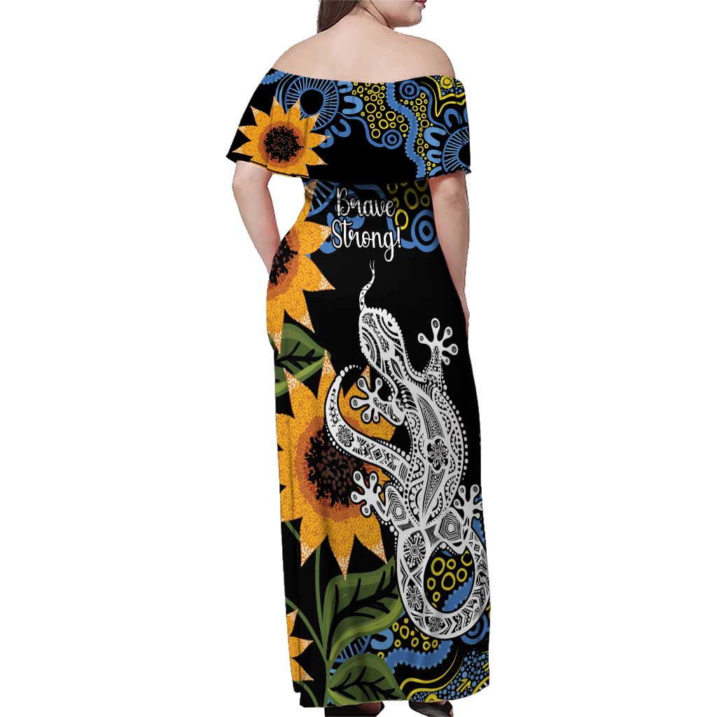 Australia Autism Awareness Family Matching Off Shoulder Maxi Dress and Hawaiian Shirt Brave Strong Aussie Lizard Aboriginal Art