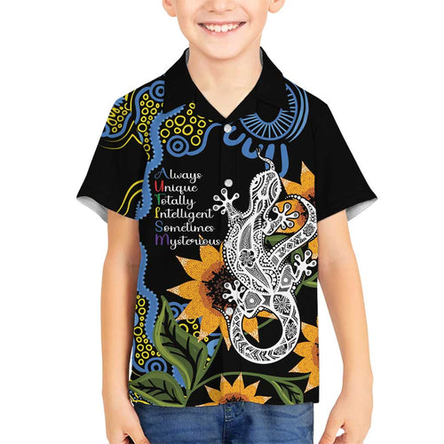Australia Autism Awareness Family Matching Off Shoulder Maxi Dress and Hawaiian Shirt Brave Strong Aussie Lizard Aboriginal Art