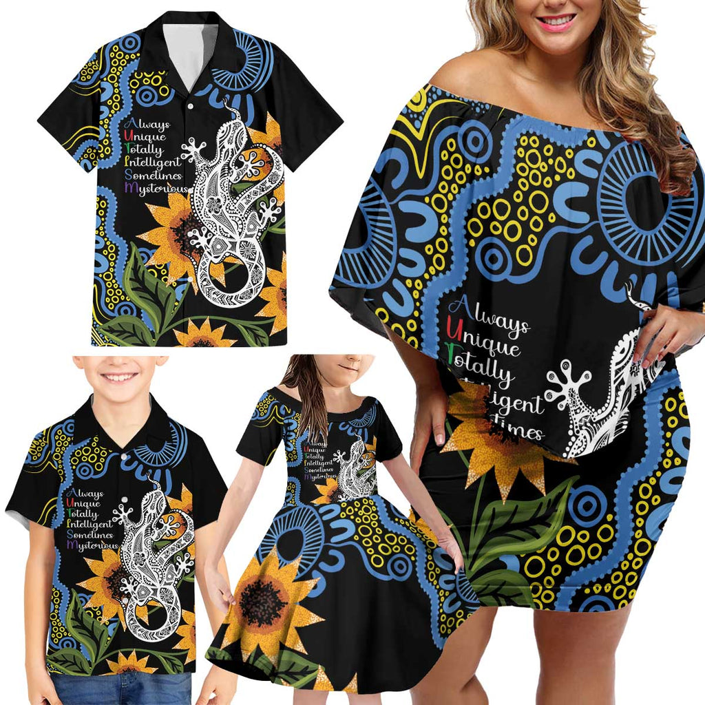 Australia Autism Awareness Family Matching Off Shoulder Short Dress and Hawaiian Shirt Brave Strong Aussie Lizard Aboriginal Art