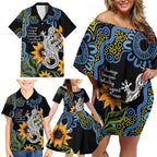 Australia Autism Awareness Family Matching Off Shoulder Short Dress and Hawaiian Shirt Brave Strong Aussie Lizard Aboriginal Art