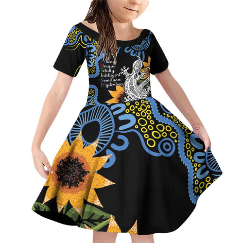 Australia Autism Awareness Family Matching Off Shoulder Short Dress and Hawaiian Shirt Brave Strong Aussie Lizard Aboriginal Art