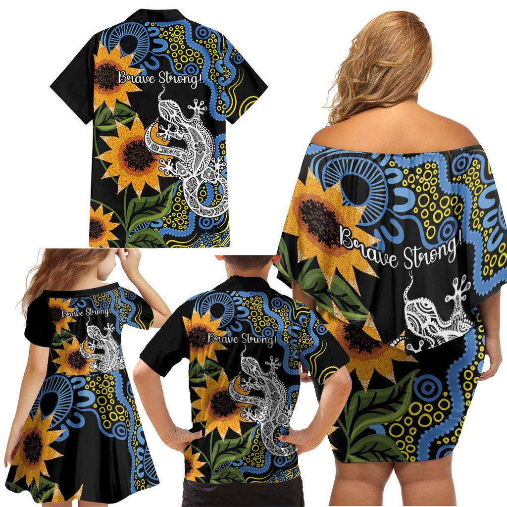 Australia Autism Awareness Family Matching Off Shoulder Short Dress and Hawaiian Shirt Brave Strong Aussie Lizard Aboriginal Art