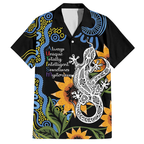 Australia Autism Awareness Family Matching Off Shoulder Short Dress and Hawaiian Shirt Brave Strong Aussie Lizard Aboriginal Art