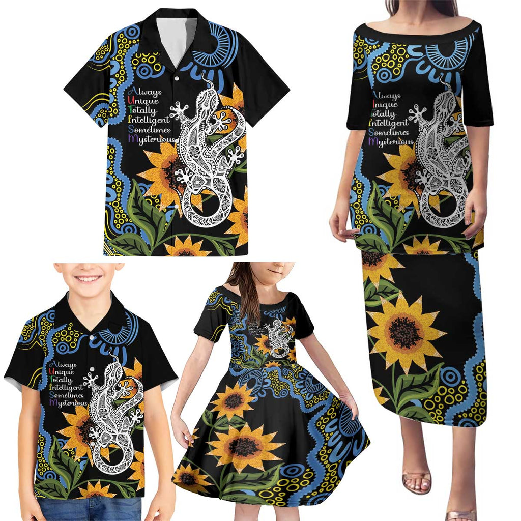 Australia Autism Awareness Family Matching Puletasi and Hawaiian Shirt Brave Strong Aussie Lizard Aboriginal Art