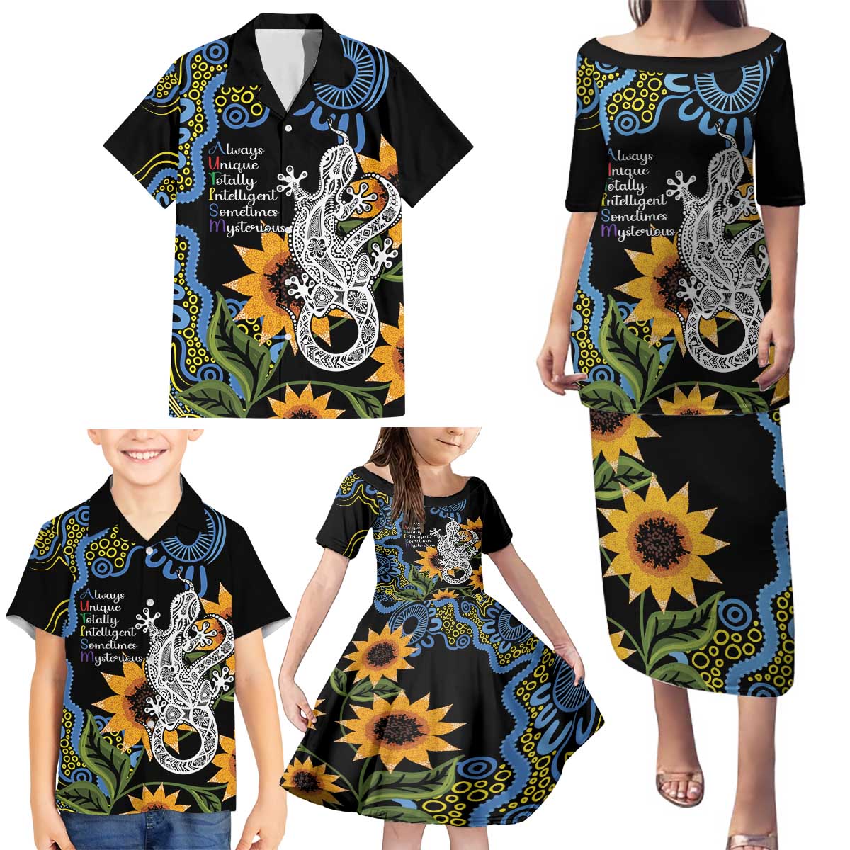 Australia Autism Awareness Family Matching Puletasi and Hawaiian Shirt Brave Strong Aussie Lizard Aboriginal Art