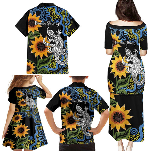 Australia Autism Awareness Family Matching Puletasi and Hawaiian Shirt Brave Strong Aussie Lizard Aboriginal Art
