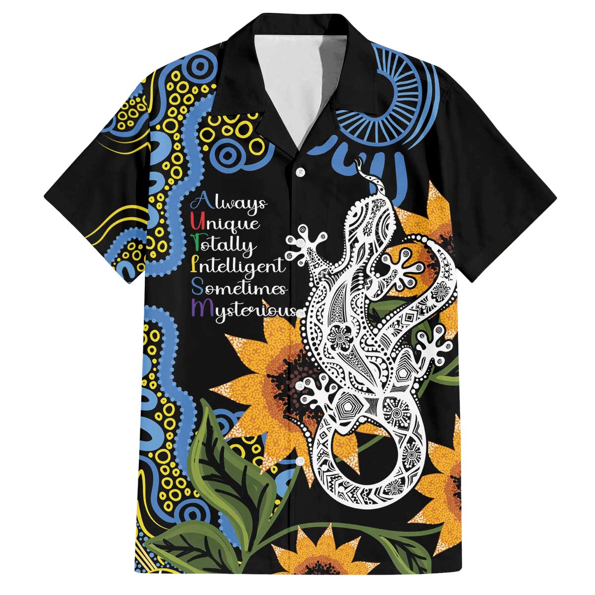 Australia Autism Awareness Family Matching Puletasi and Hawaiian Shirt Brave Strong Aussie Lizard Aboriginal Art