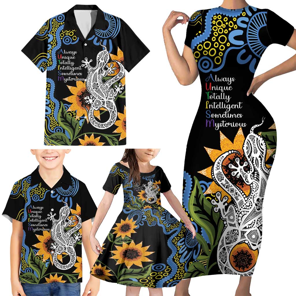 Australia Autism Awareness Family Matching Short Sleeve Bodycon Dress and Hawaiian Shirt Brave Strong Aussie Lizard Aboriginal Art