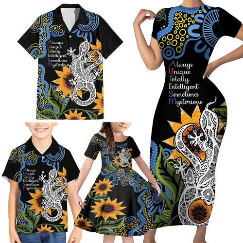 Australia Autism Awareness Family Matching Short Sleeve Bodycon Dress and Hawaiian Shirt Brave Strong Aussie Lizard Aboriginal Art