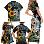 Australia Autism Awareness Family Matching Short Sleeve Bodycon Dress and Hawaiian Shirt Brave Strong Aussie Lizard Aboriginal Art