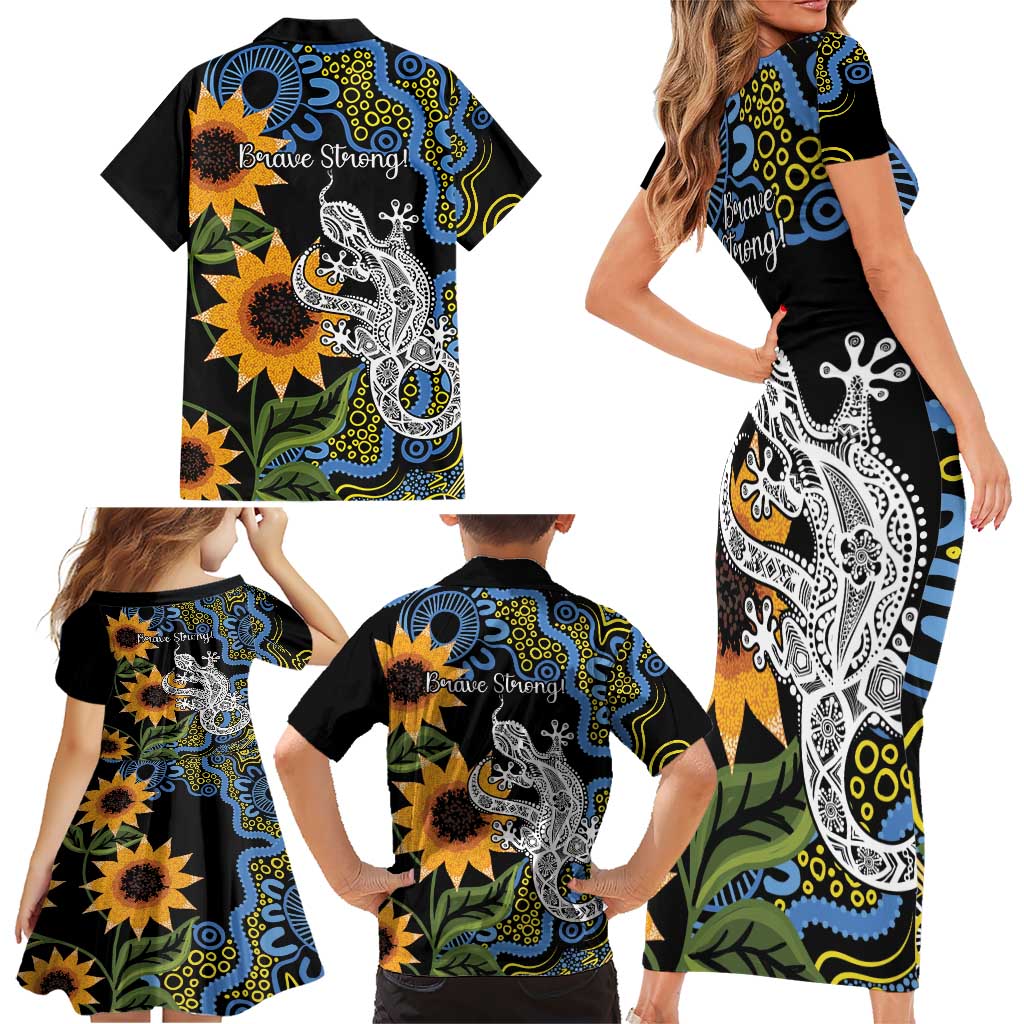 Australia Autism Awareness Family Matching Short Sleeve Bodycon Dress and Hawaiian Shirt Brave Strong Aussie Lizard Aboriginal Art