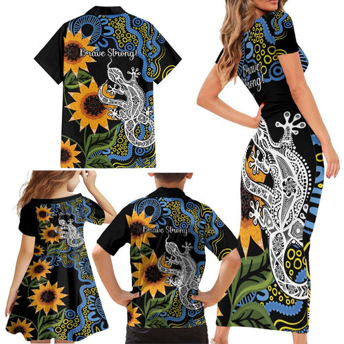 Australia Autism Awareness Family Matching Short Sleeve Bodycon Dress and Hawaiian Shirt Brave Strong Aussie Lizard Aboriginal Art