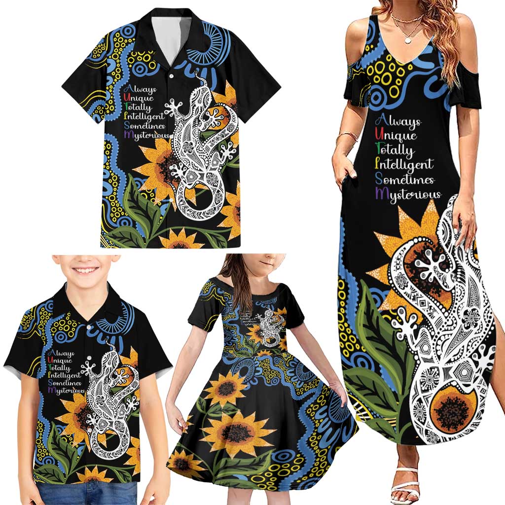 Australia Autism Awareness Family Matching Summer Maxi Dress and Hawaiian Shirt Brave Strong Aussie Lizard Aboriginal Art