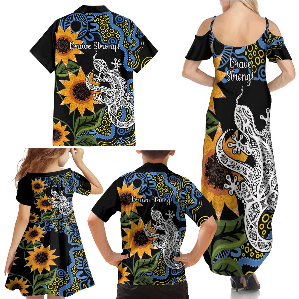 Australia Autism Awareness Family Matching Summer Maxi Dress and Hawaiian Shirt Brave Strong Aussie Lizard Aboriginal Art
