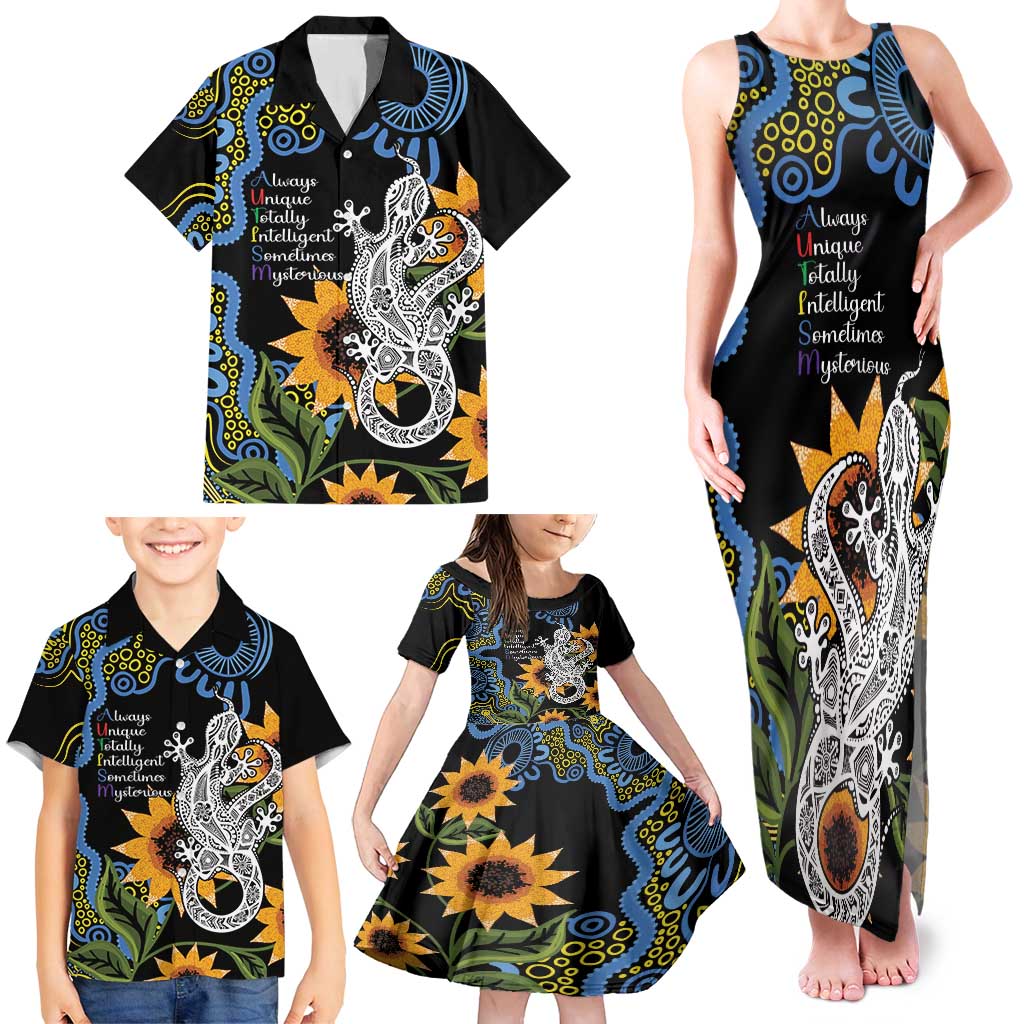 Australia Autism Awareness Family Matching Tank Maxi Dress and Hawaiian Shirt Brave Strong Aussie Lizard Aboriginal Art