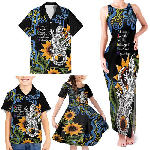 Australia Autism Awareness Family Matching Tank Maxi Dress and Hawaiian Shirt Brave Strong Aussie Lizard Aboriginal Art