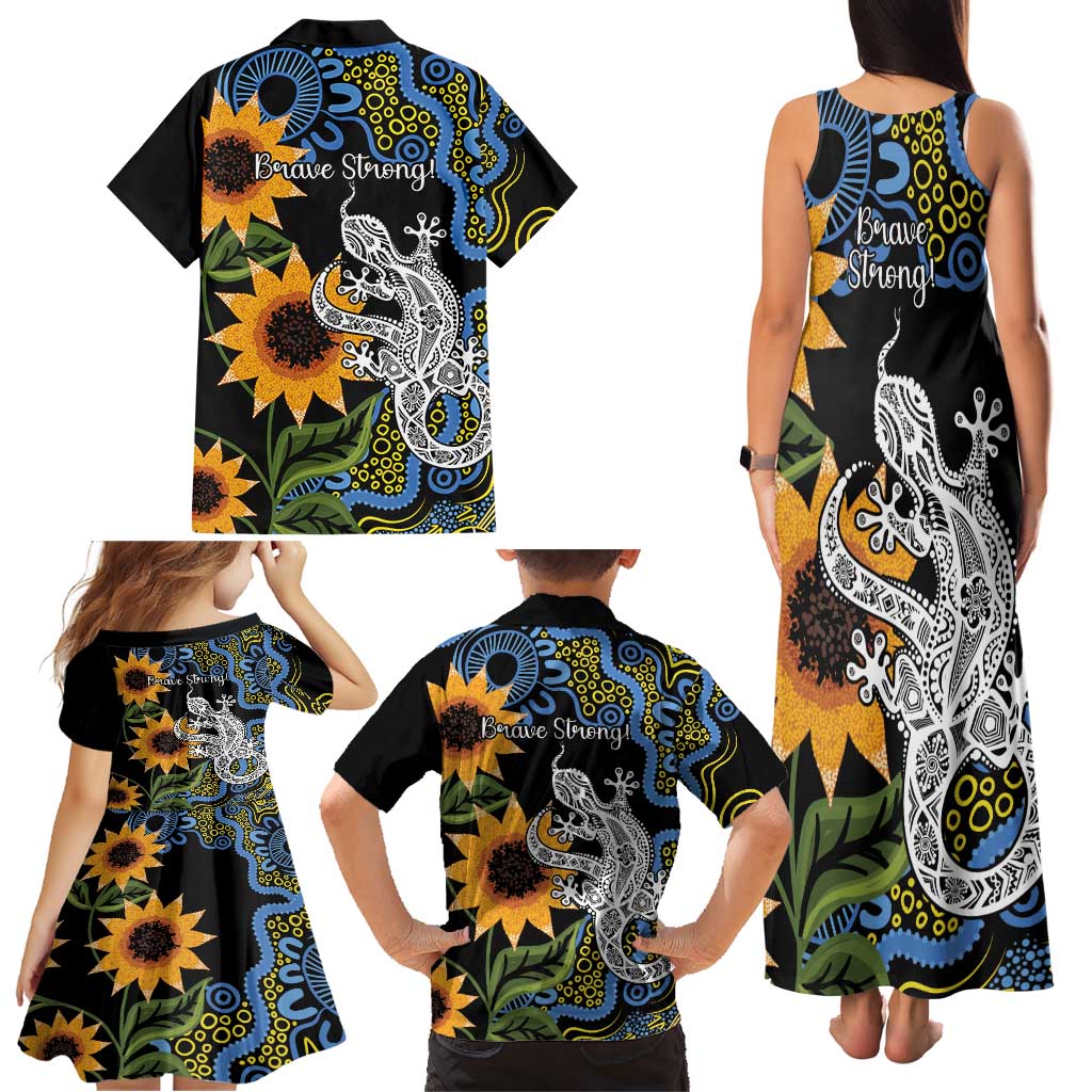 Australia Autism Awareness Family Matching Tank Maxi Dress and Hawaiian Shirt Brave Strong Aussie Lizard Aboriginal Art