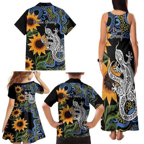 Australia Autism Awareness Family Matching Tank Maxi Dress and Hawaiian Shirt Brave Strong Aussie Lizard Aboriginal Art