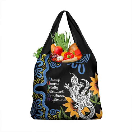 Australia Autism Awareness Grocery Bag Brave Strong Aussie Lizard Aboriginal Art