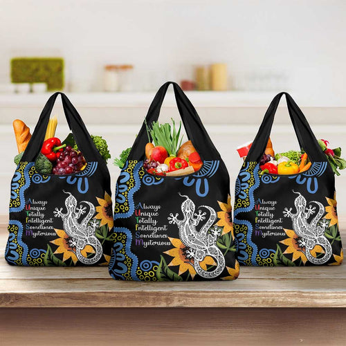 Australia Autism Awareness Grocery Bag Brave Strong Aussie Lizard Aboriginal Art