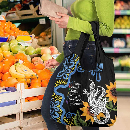 Australia Autism Awareness Grocery Bag Brave Strong Aussie Lizard Aboriginal Art