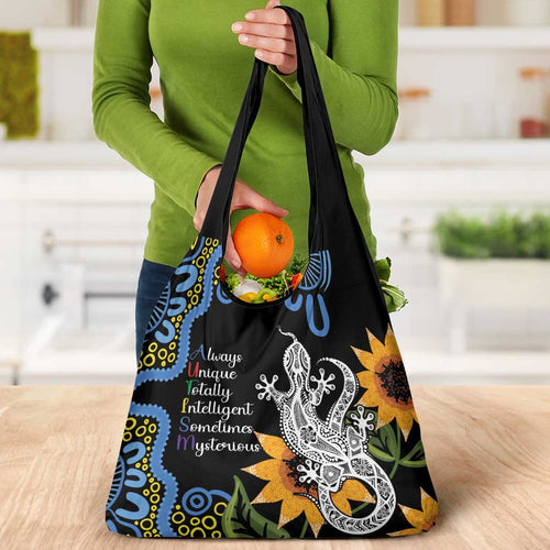 Australia Autism Awareness Grocery Bag Brave Strong Aussie Lizard Aboriginal Art