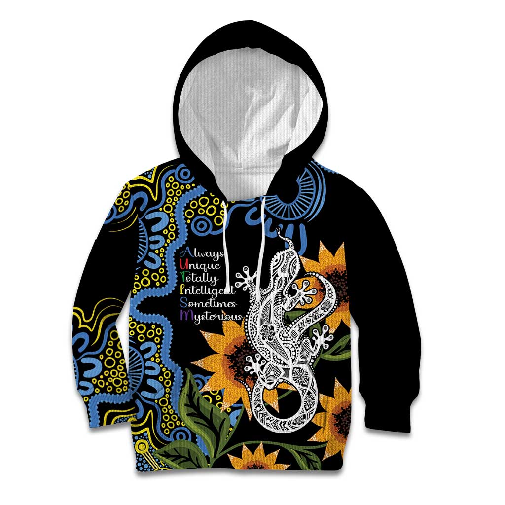 Australia Autism Awareness Kid Hoodie Brave Strong Aussie Lizard Aboriginal Art