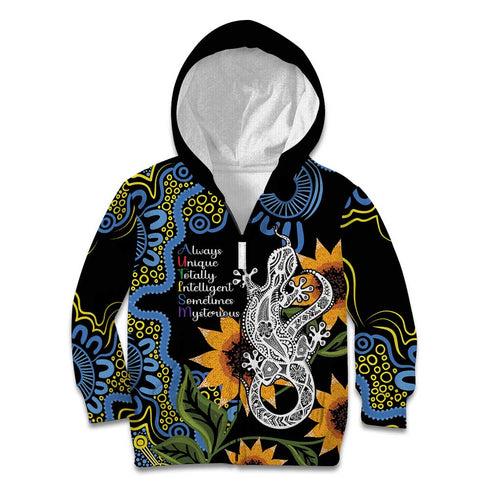Australia Autism Awareness Kid Hoodie Brave Strong Aussie Lizard Aboriginal Art