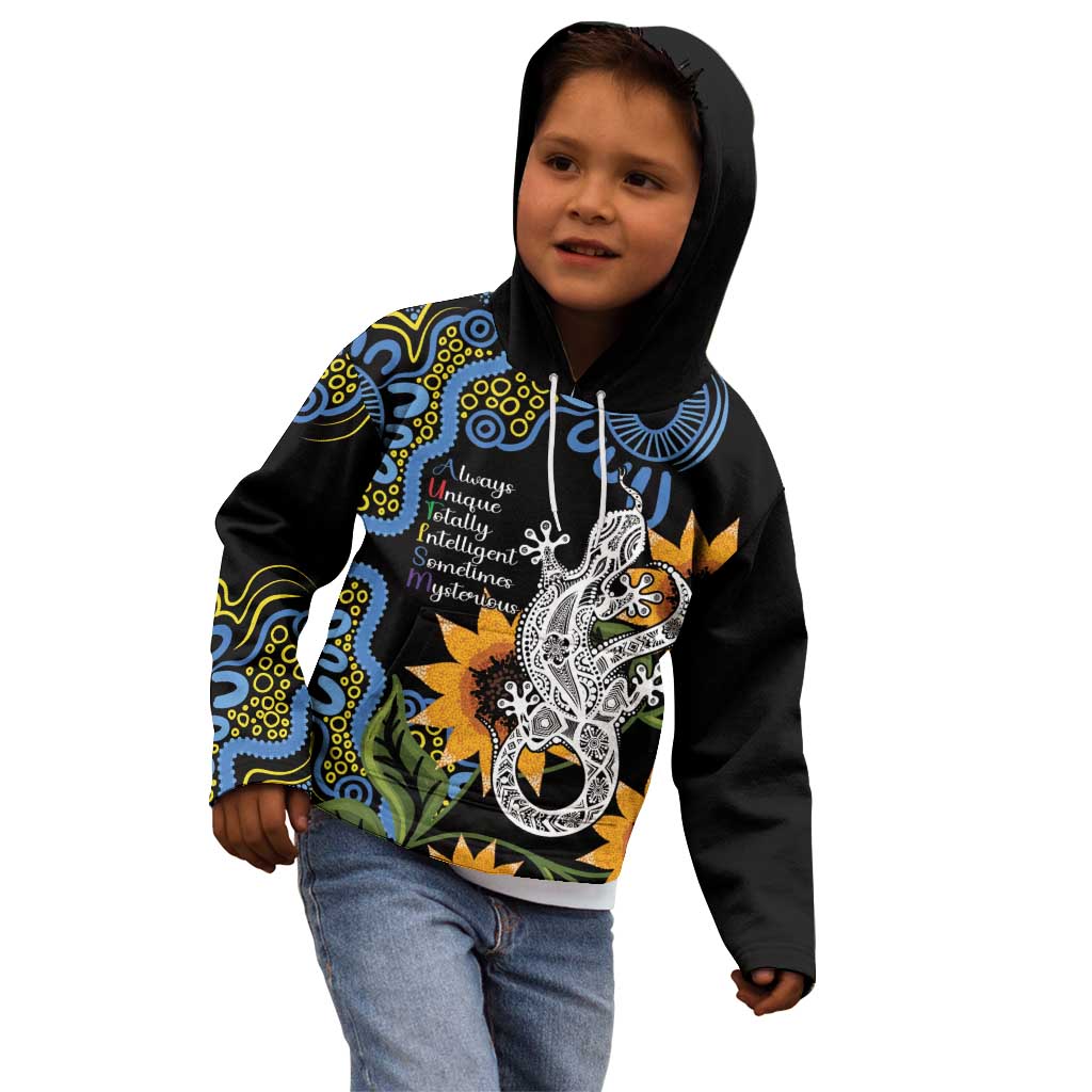Australia Autism Awareness Kid Hoodie Brave Strong Aussie Lizard Aboriginal Art