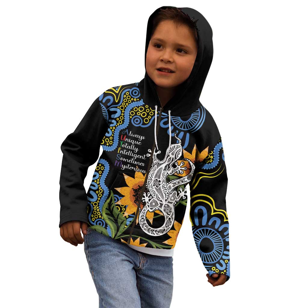 Australia Autism Awareness Kid Hoodie Brave Strong Aussie Lizard Aboriginal Art