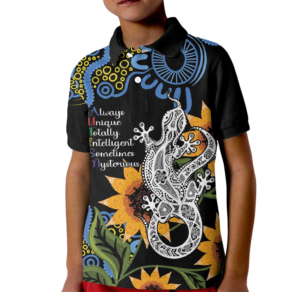 Australia Autism Awareness Kid Polo Shirt Brave Strong Aussie Lizard Aboriginal Art