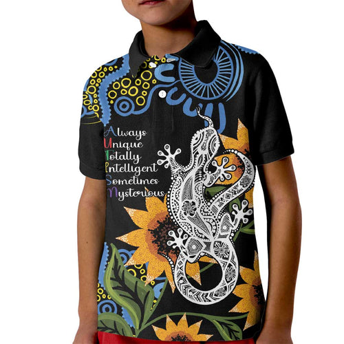 Australia Autism Awareness Kid Polo Shirt Brave Strong Aussie Lizard Aboriginal Art