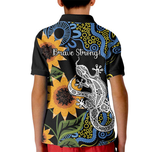 Australia Autism Awareness Kid Polo Shirt Brave Strong Aussie Lizard Aboriginal Art
