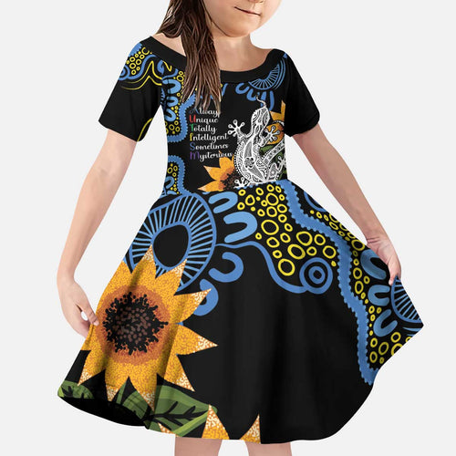 Australia Autism Awareness Kid Short Sleeve Dress Brave Strong Aussie Lizard Aboriginal Art