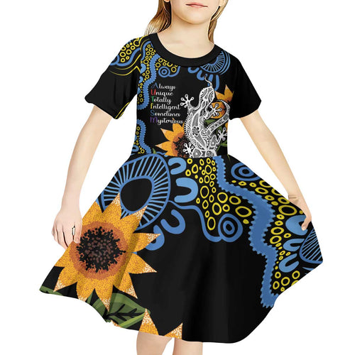 Australia Autism Awareness Kid Short Sleeve Dress Brave Strong Aussie Lizard Aboriginal Art