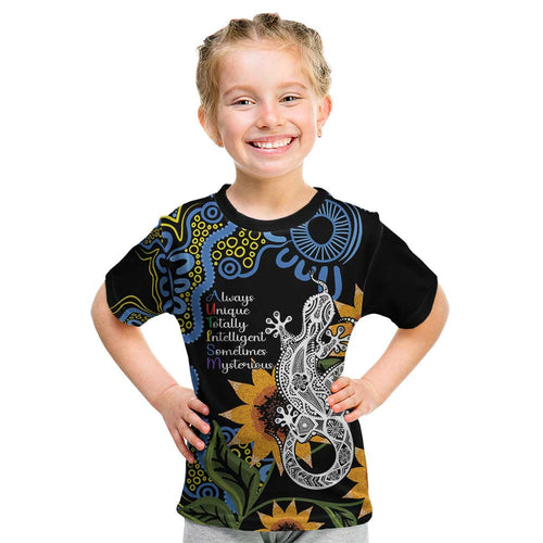 Australia Autism Awareness Kid T Shirt Brave Strong Aussie Lizard Aboriginal Art