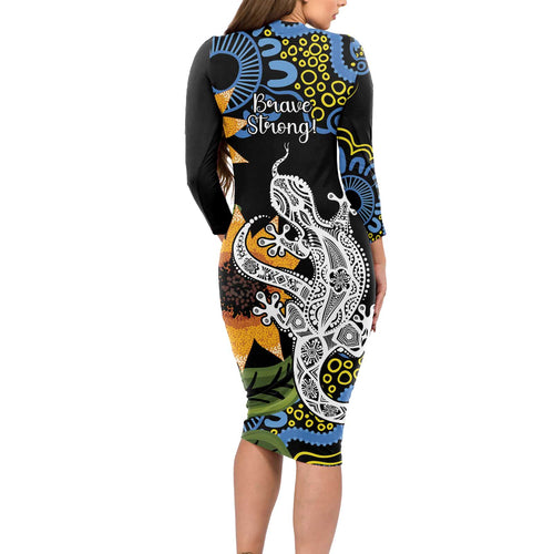 Australia Autism Awareness Long Sleeve Bodycon Dress Brave Strong Aussie Lizard Aboriginal Art
