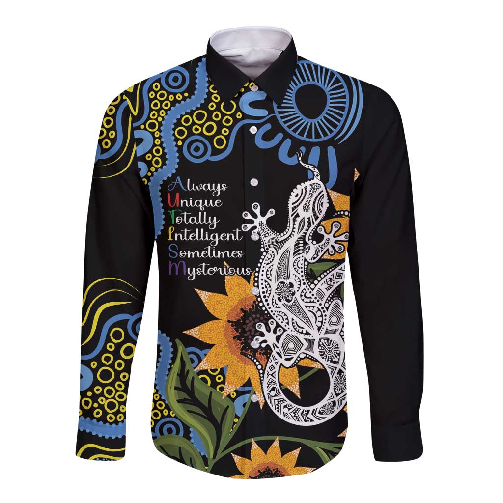 Australia Autism Awareness Long Sleeve Button Shirt Brave Strong Aussie Lizard Aboriginal Art