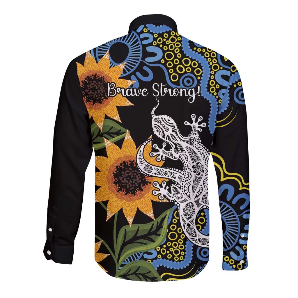 Australia Autism Awareness Long Sleeve Button Shirt Brave Strong Aussie Lizard Aboriginal Art