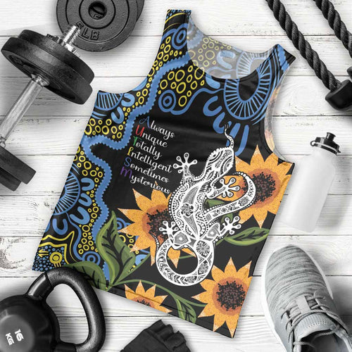 Australia Autism Awareness Men Tank Top Brave Strong Aussie Lizard Aboriginal Art