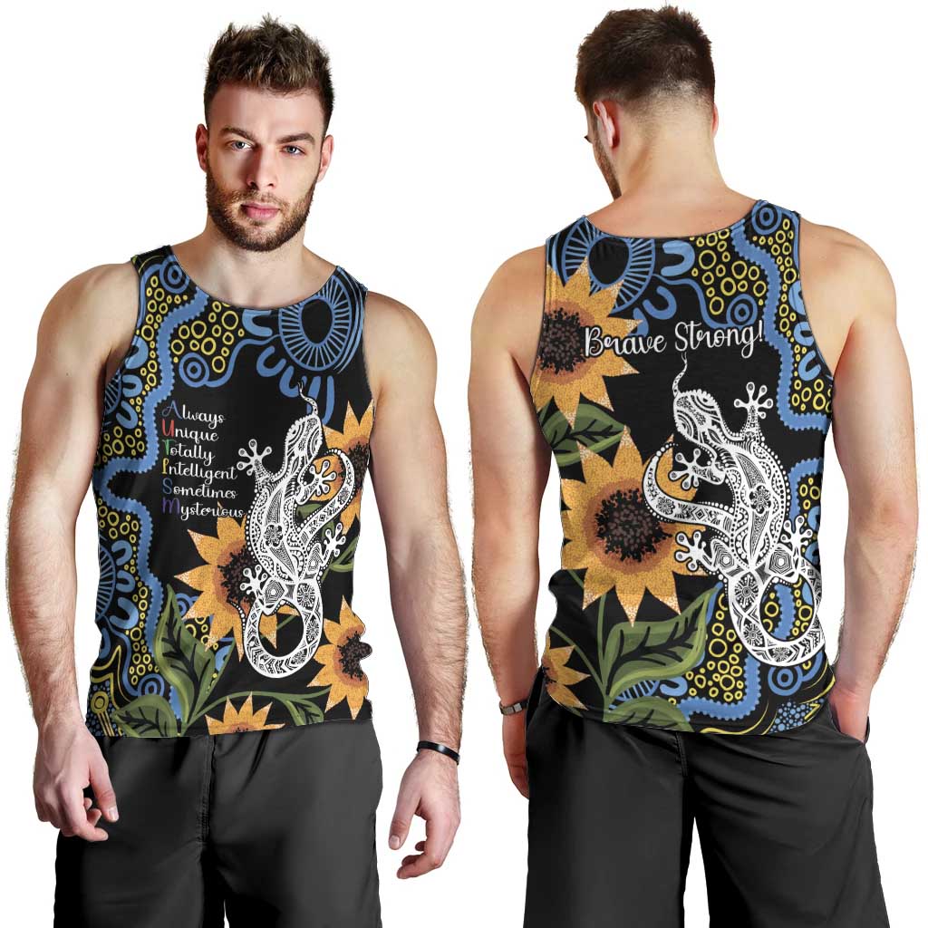 Australia Autism Awareness Men Tank Top Brave Strong Aussie Lizard Aboriginal Art