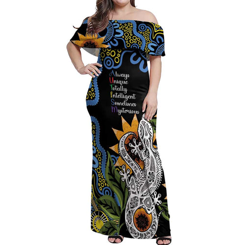 Australia Autism Awareness Off Shoulder Maxi Dress Brave Strong Aussie Lizard Aboriginal Art