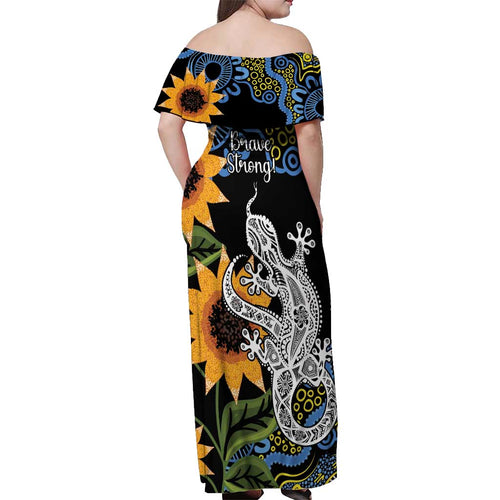 Australia Autism Awareness Off Shoulder Maxi Dress Brave Strong Aussie Lizard Aboriginal Art
