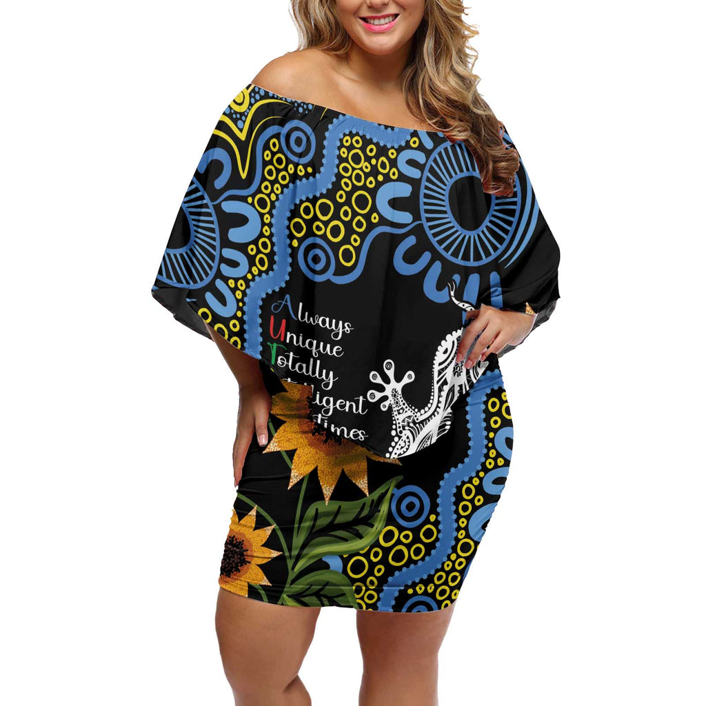 Australia Autism Awareness Off Shoulder Short Dress Brave Strong Aussie Lizard Aboriginal Art