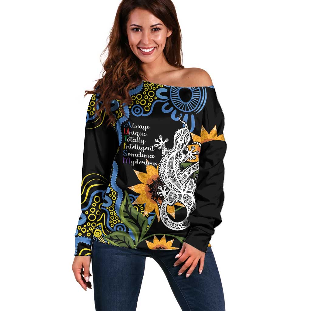 Australia Autism Awareness Off Shoulder Sweater Brave Strong Aussie Lizard Aboriginal Art