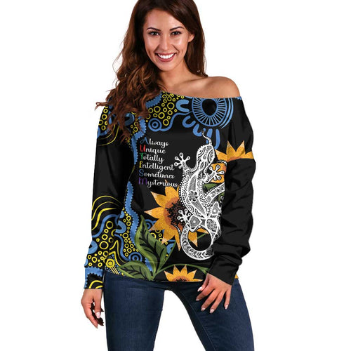 Australia Autism Awareness Off Shoulder Sweater Brave Strong Aussie Lizard Aboriginal Art