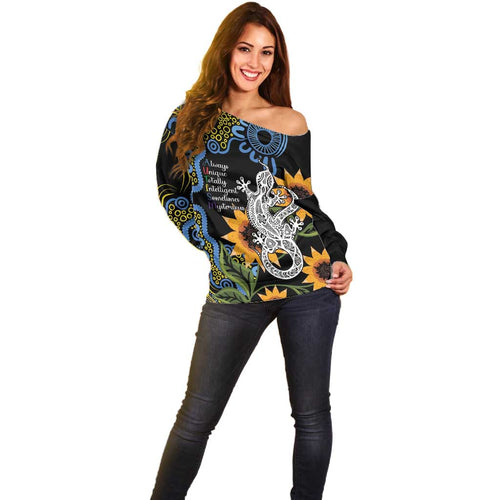 Australia Autism Awareness Off Shoulder Sweater Brave Strong Aussie Lizard Aboriginal Art