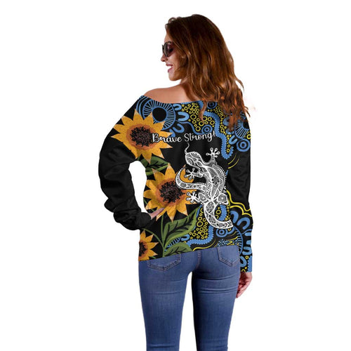 Australia Autism Awareness Off Shoulder Sweater Brave Strong Aussie Lizard Aboriginal Art