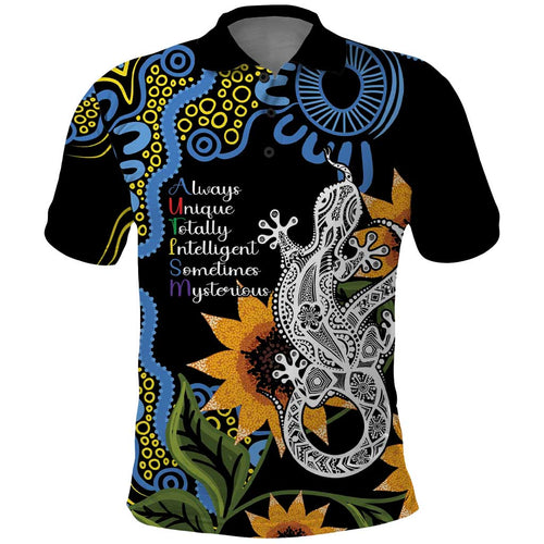 Australia Autism Awareness Polo Shirt Brave Strong Aussie Lizard Aboriginal Art