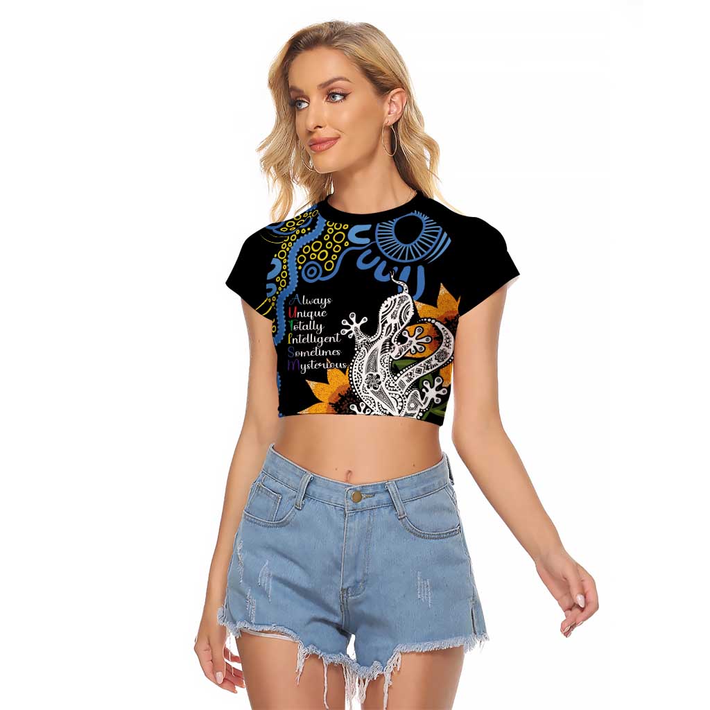 Australia Autism Awareness Raglan Cropped T Shirt Brave Strong Aussie Lizard Aboriginal Art